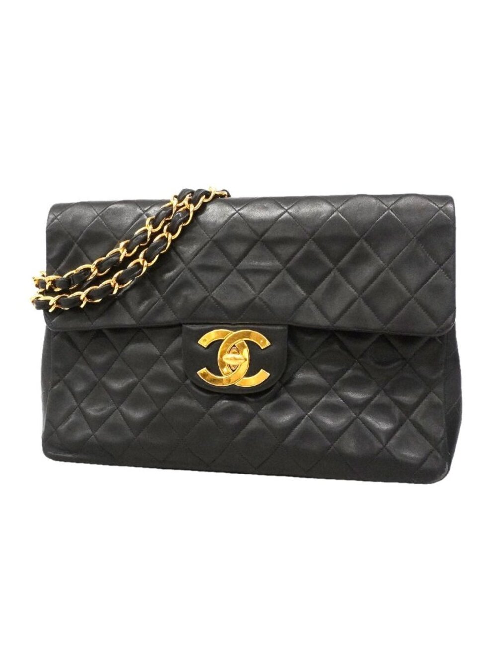 Chanel Shoulder Bag Maxi Quilted Lambskin Black Gold
